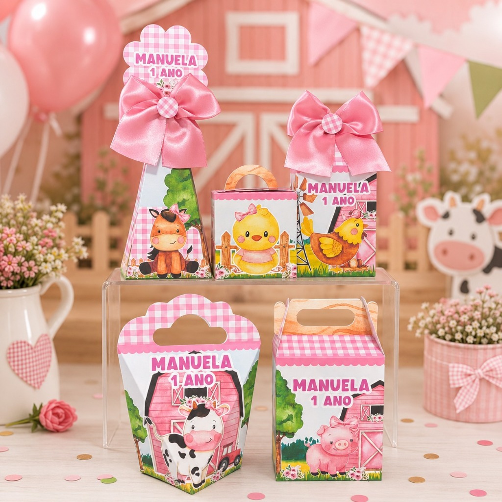 Kit Caixinhas Personalizadas PEGUE E MONTE Fazendinha Rosa Menina Caixas para Lembrancinhas de Aniversário