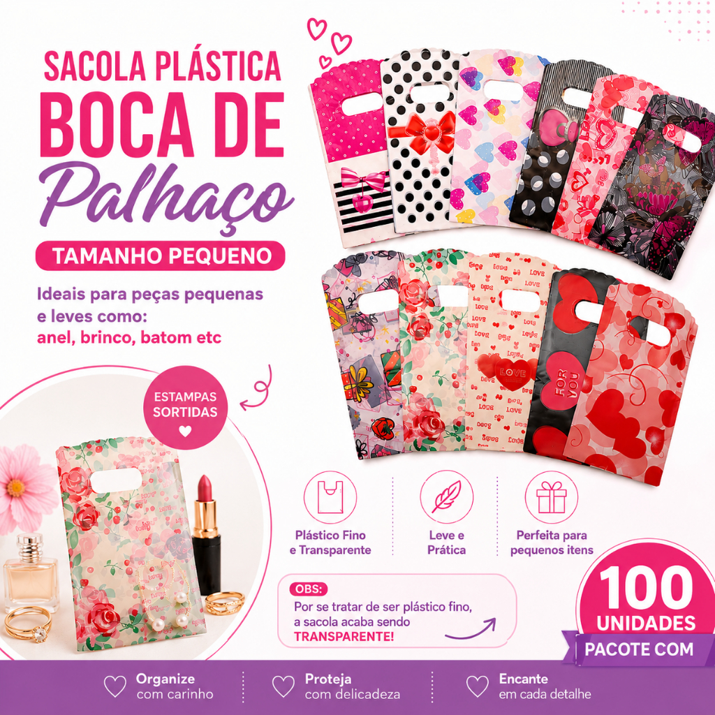 Sacola Plástica Boca de palhaço 9x15, pacote com 100 unidades Estampadas