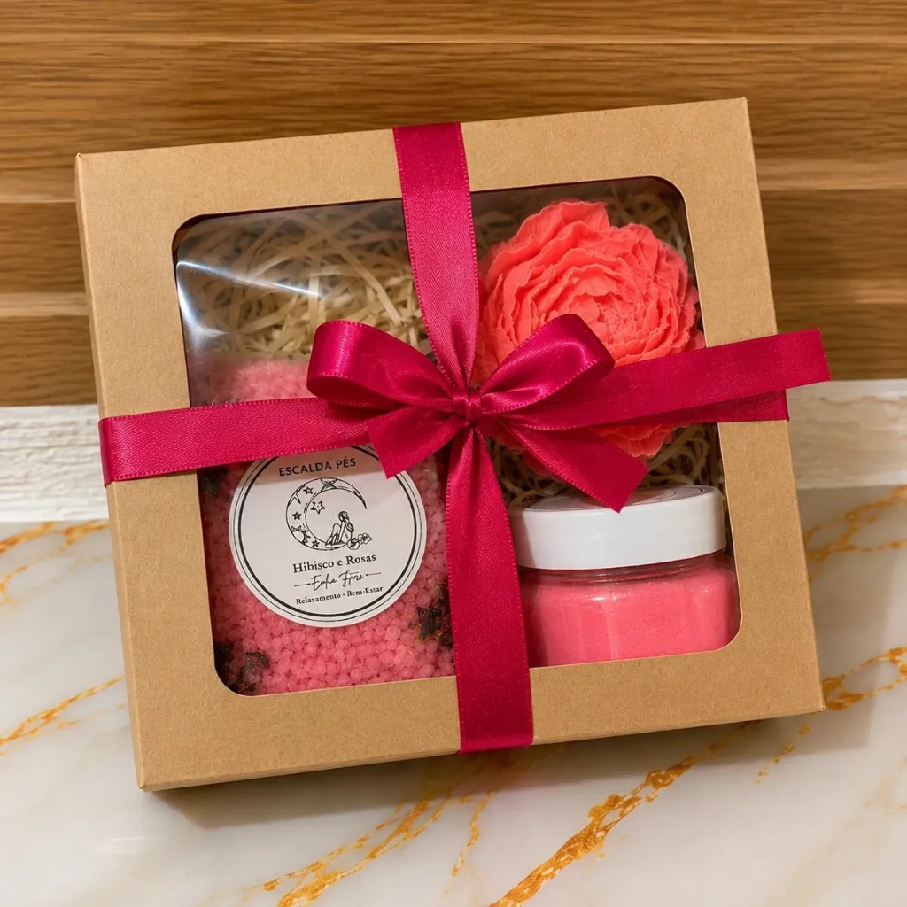 Kit Spa Presente Artesanal Rosa - Esfoliante + Sabonete de Argila Branca e Dolomita + Escalda Pés