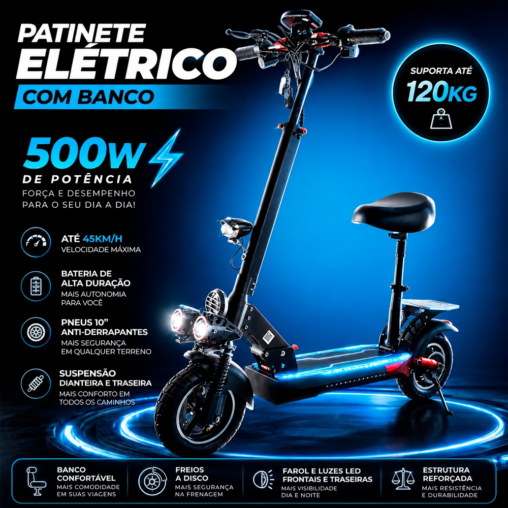 Patinete Elétrico com Assento 500W Bivolt Dobrável 35Km Autonomia Com Amortecedor Suporta Até 150Kg