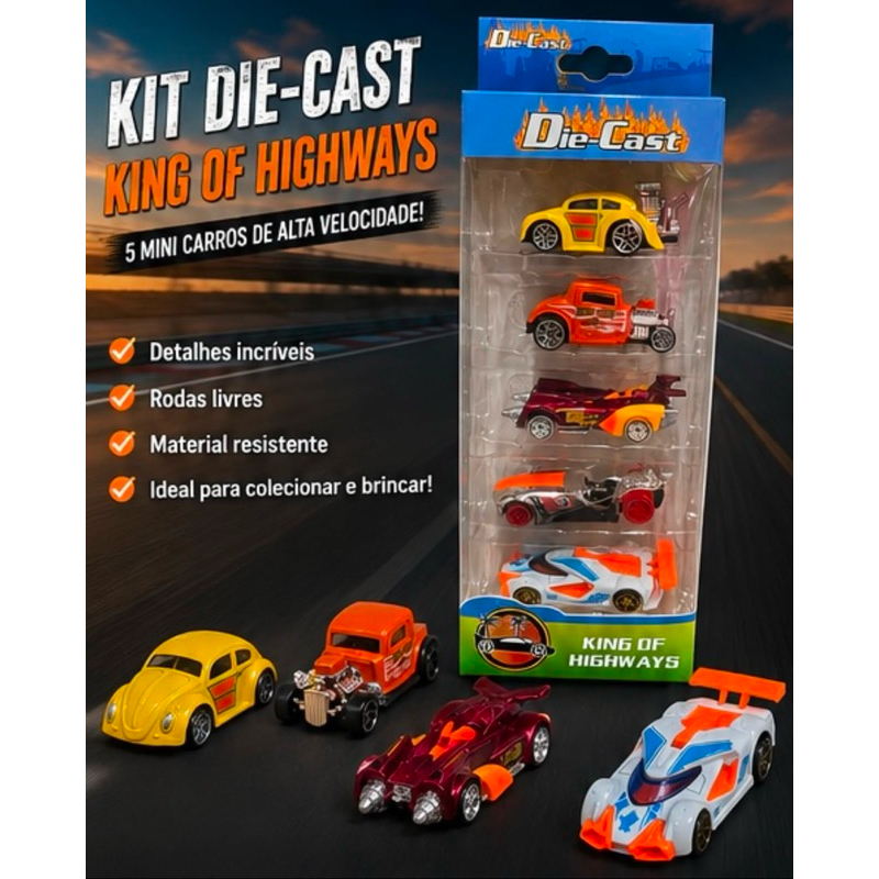 Kit 5 Carrinhos Die-Cast Colecionáveis King Of Highways - Miniaturas Metal Resistente Estilo Hot Rod e Corrida
