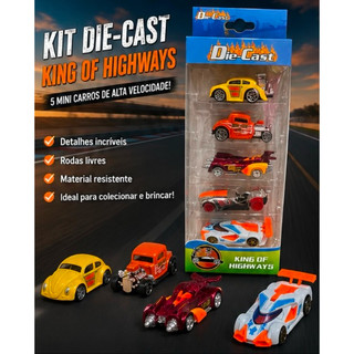 Kit 5 Carrinhos Die-Cast Colecionáveis King Of Highways - Miniaturas Metal Resistente Estilo Hot Rod e Corrida