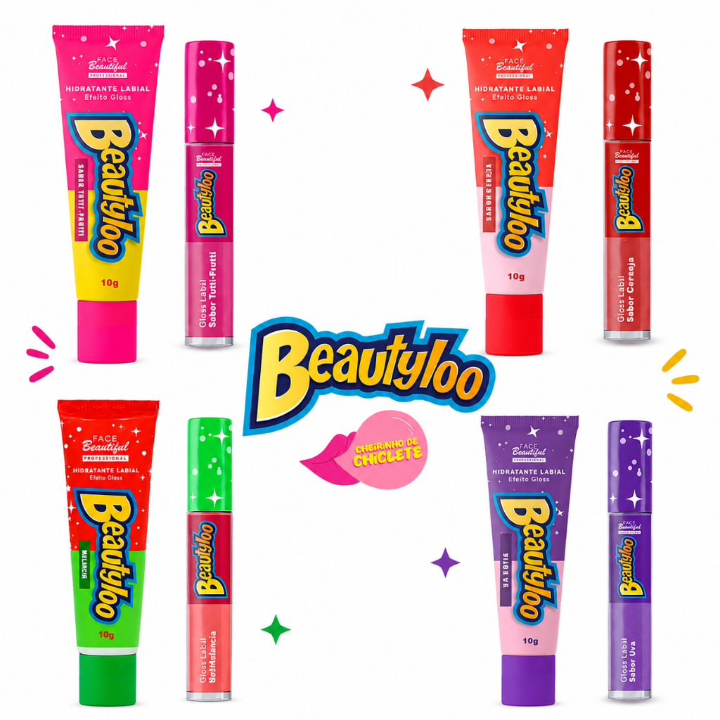 Kit Hidratante e GLoss Cheirinho de chiclete Labial Beautyloo Face Beautiful