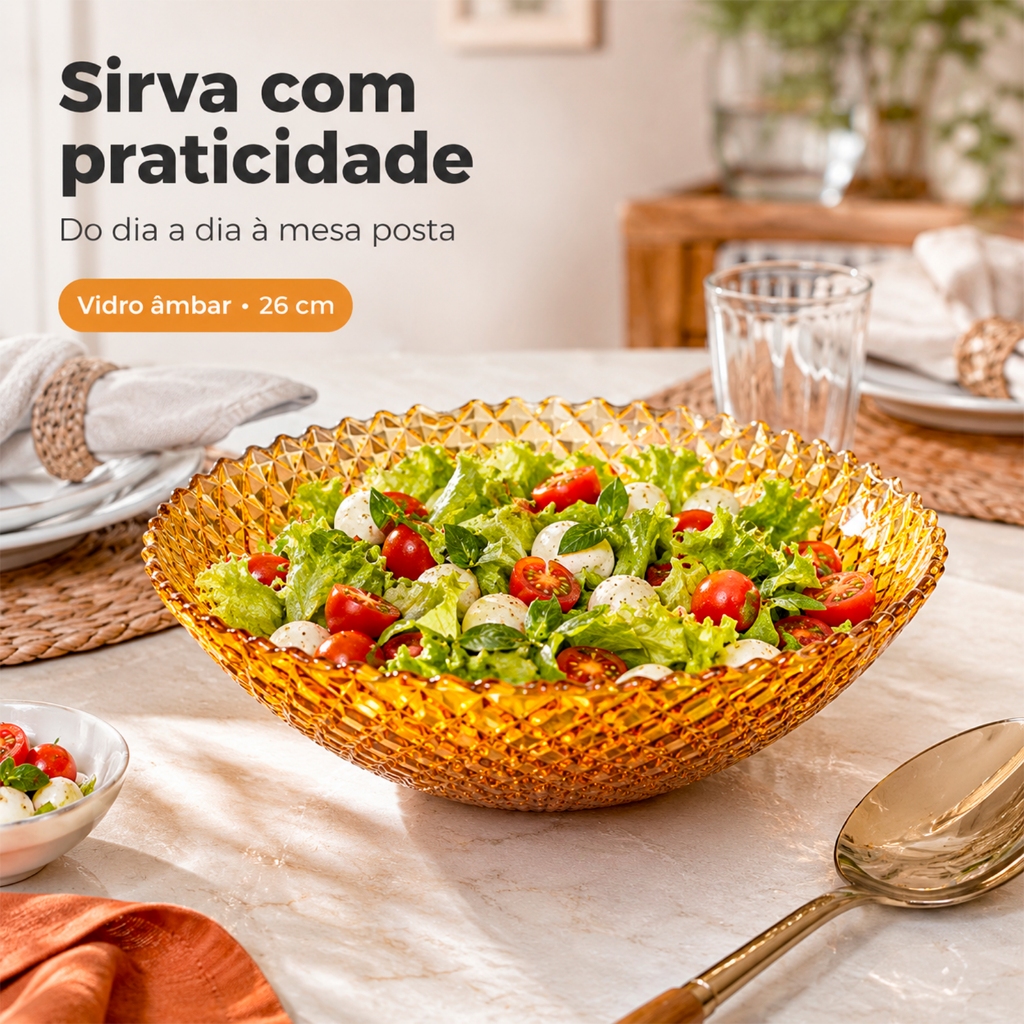 Centro de Mesa Fundo de Vidro Âmbar 26cm Para Decoração