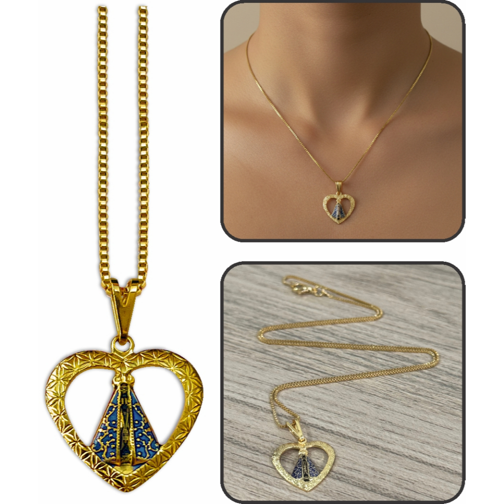 Colar Corrente Nossa Senhora Aparecida Folheado Ouro 18k Pingente Coração 45cm Feminino Joia