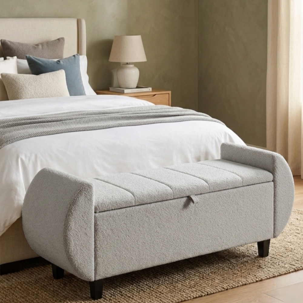 Puff Baú Recamier Tóquio 130/150 Organizador Multiuso Tecido Bouclê Orgânico Base Madeira para Cama Casal e Closet - AV
