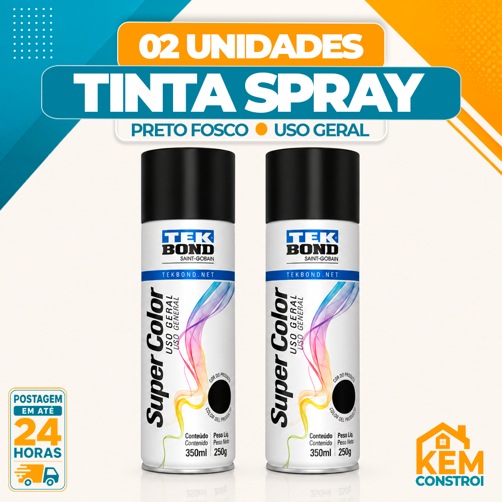Kit 02 Tinta Spray Tekbond Uso Geral 350ML Preto Fosco Secagem Rápida Alta Performance