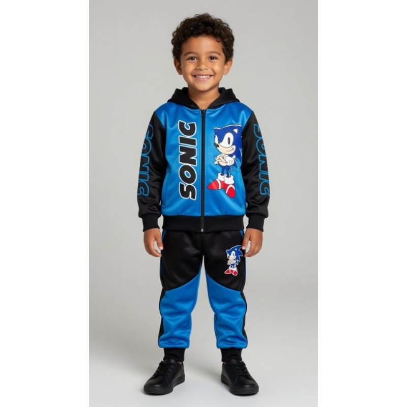Conjunto de Frio Infantil Menino de Chimpa Sonic Casaco e Calça e Capuz Short e camiseta em dryfit