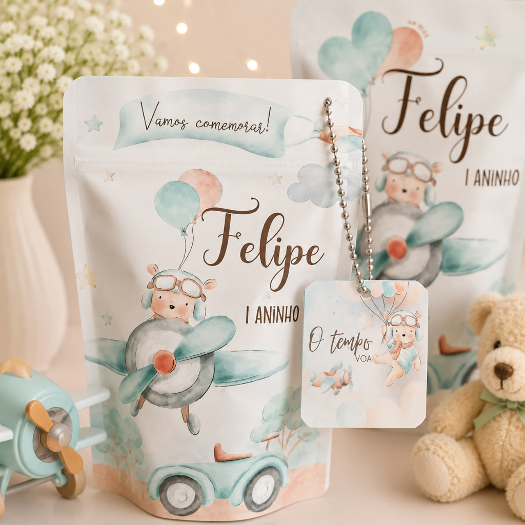SAQUINHO METALIZADO ZIPLOCK PERSONALIZADO LEMBRANCINHA FESTA INFANTIL ANIVERSÁRIO URSO AVIADOR O TEMPO VOA / CHÁ DE BEBÊ