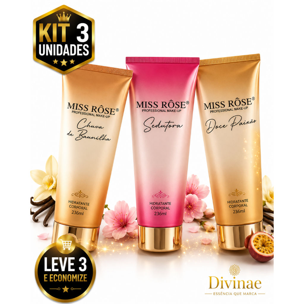 Kit Hidratante Chuva de Baunilha + Doce Paixão + Sedutora Miss Rôse – Cremes Corporais Femininos Perfumados