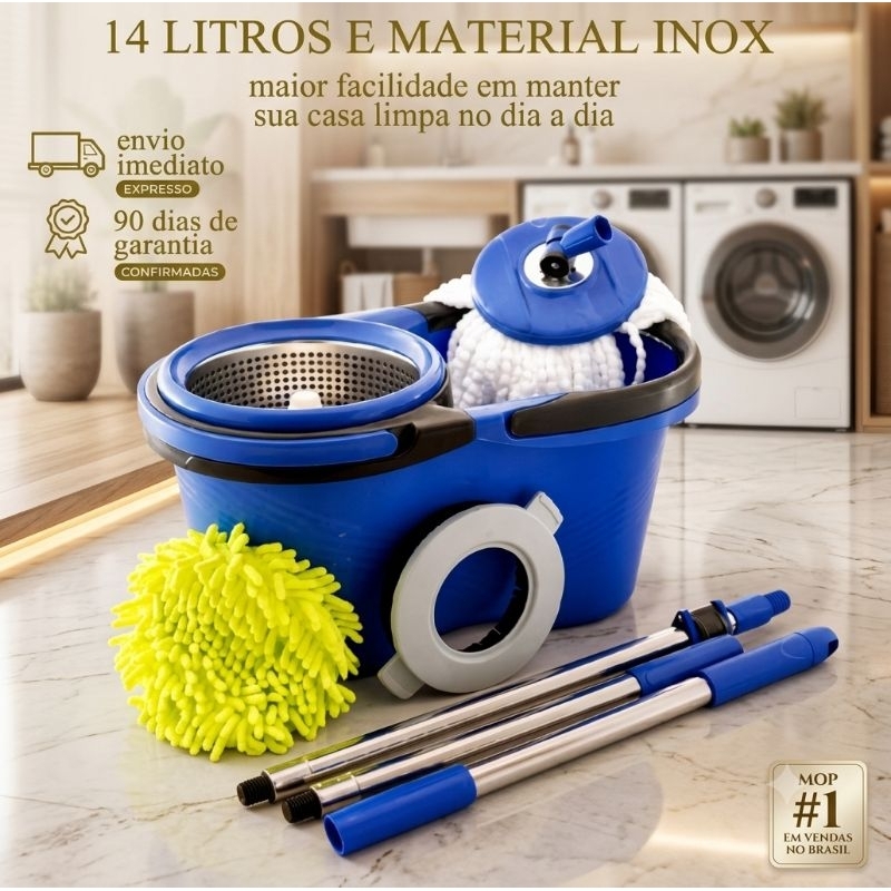 Esfregão Perfect Flash Mop Giratório Inox 360 Balde Grande 14l Com 4 Refis + Acessorios Rodo Limpeza