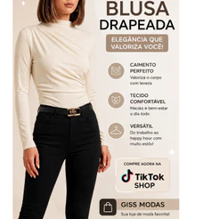 Blusa Drapeada Manga Longa Suplex Toque Poliamida Elegante Feminina
