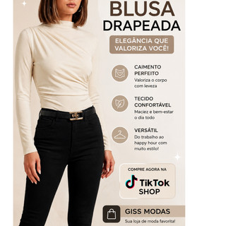 Blusa Drapeada Manga Longa Suplex Toque Poliamida Elegante Feminina