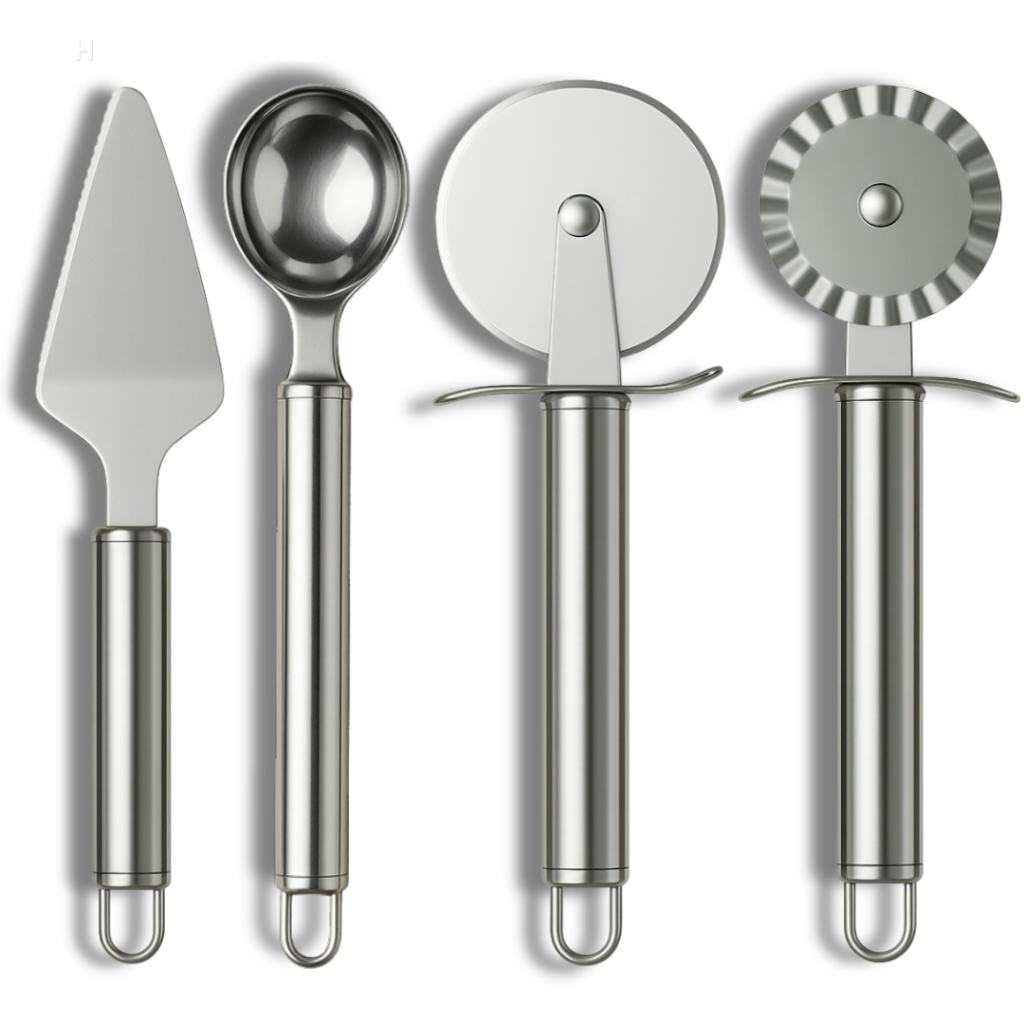 Kit 4 Peças Inox Cortador de Pizza, Carretilha Para Massa, Colher de Sorvete e Espátula de Bolo
