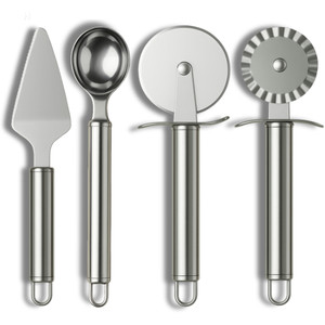 Kit 4 Peças Inox Cortador de Pizza, Carretilha Para Massa, Colher de Sorvete e Espátula de Bolo