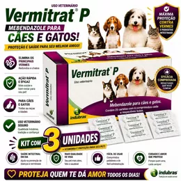 Kit C/ 3 Cartelas Vermitrat P com 6 comprimidos Vermífugo para Cachorro e Gato P Indulbras Val: 10/28