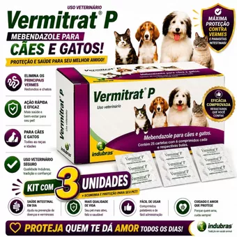 Kit C/ 3 Cartelas Vermitrat P com 6 comprimidos Vermífugo para Cachorro e Gato P Indulbras Val: 10/28