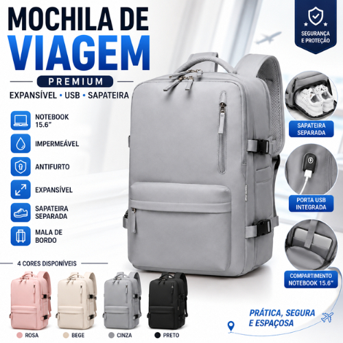 Mochila Viagem Grande Expansível USB Impermeável Antifurto Notebook 15.6 Sapateira Mala Bordo Academia Trabalho