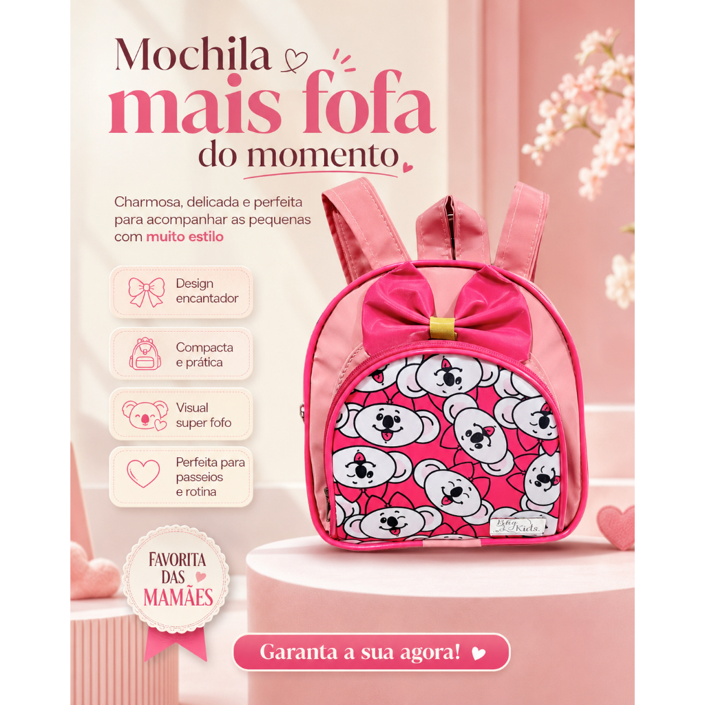 Mochila Pequena Infantil Feminina Rosa com Laço e Estampa Lilica 21x18 cm