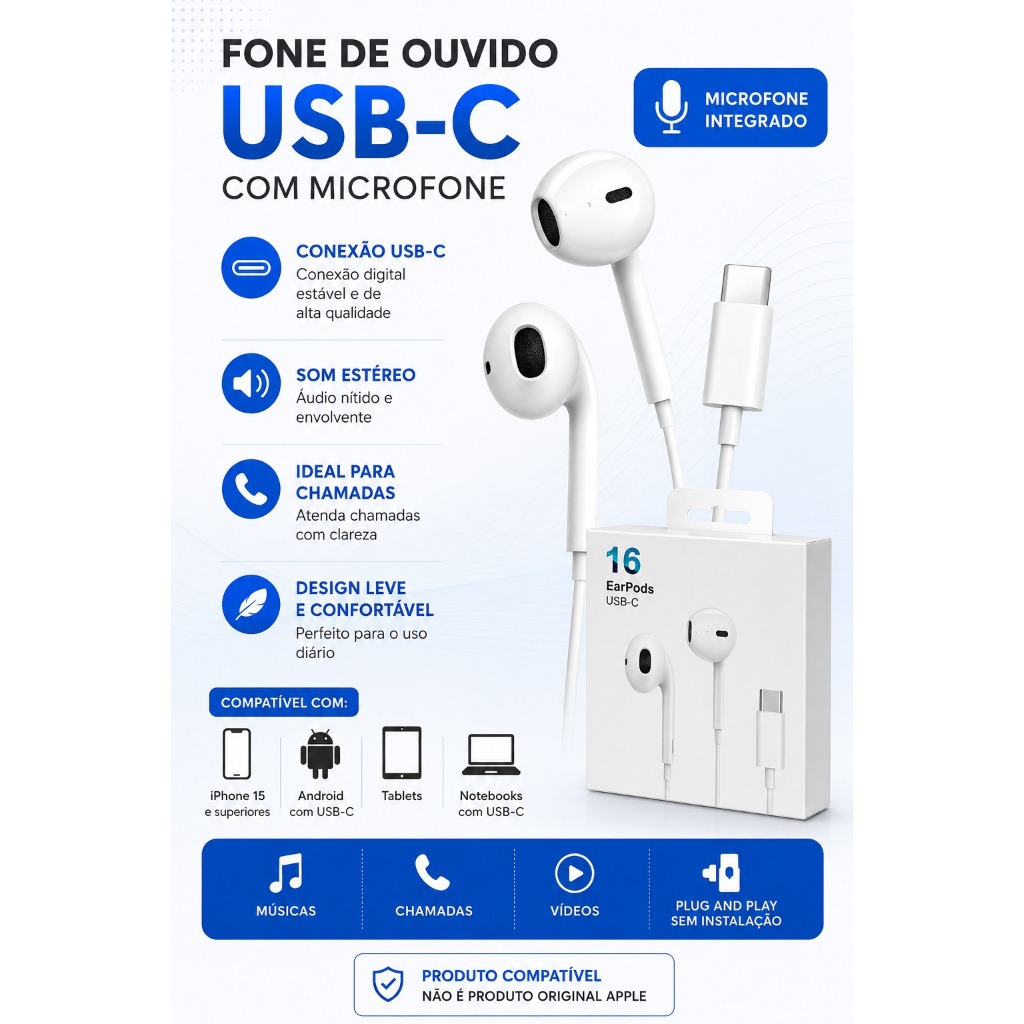 Fone De Ouvido USB-C Com Microfone Compatível iPhone 15 Samsung Xiaomi Motorola