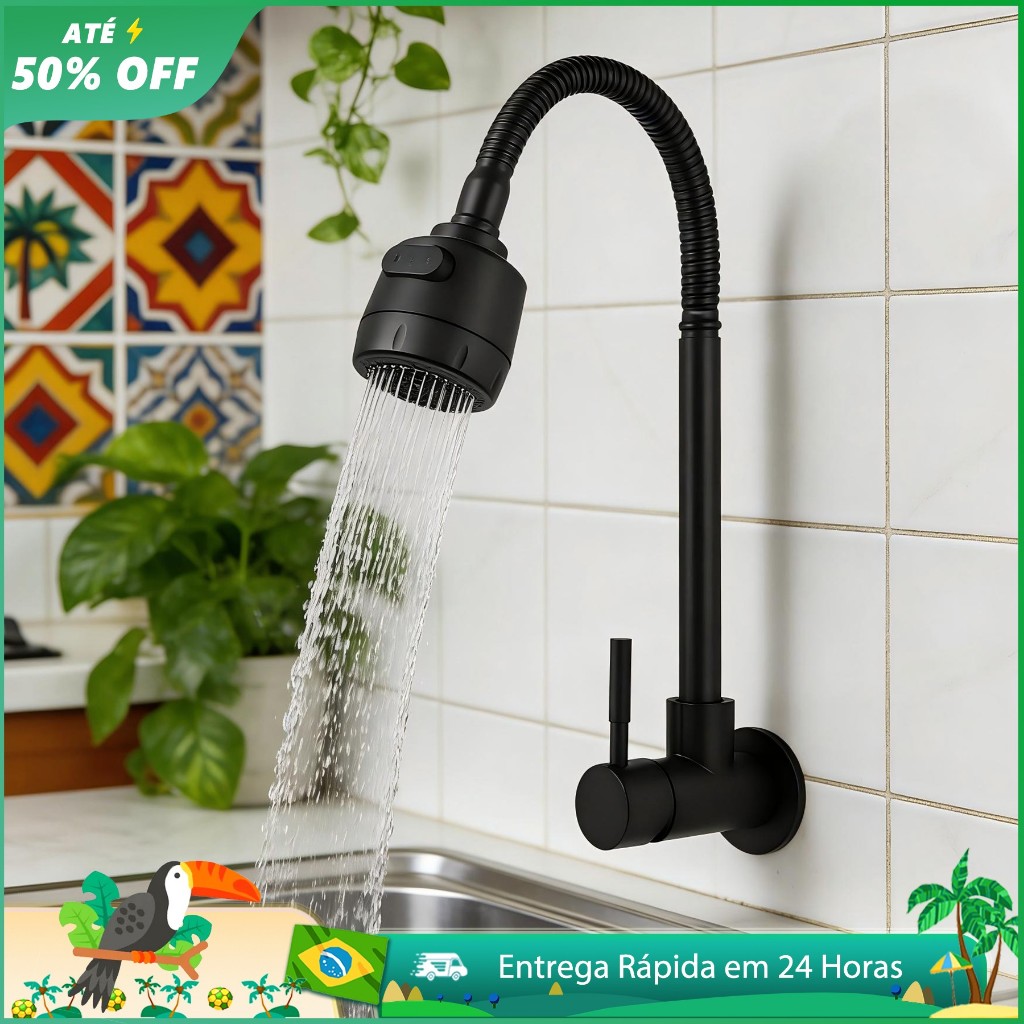 Torneira Parede Cozinha Gourmet Inox Preta Flexível 360° Com Chuveirinho Luxo Promoção Mutoo
