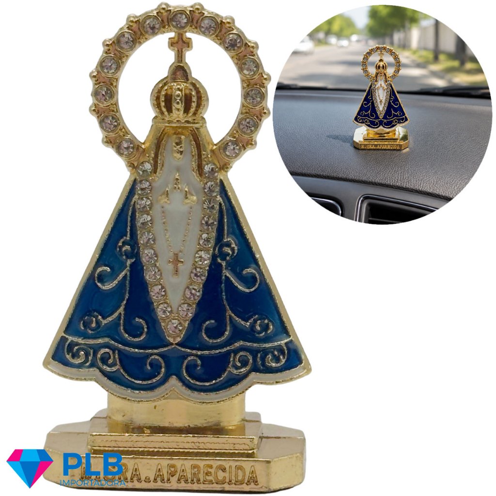 Kit 12 Nossa Senhora Aparecida Carro Painel Imagem Metal Santinha Dupla Face Miniatura Strass 5cm