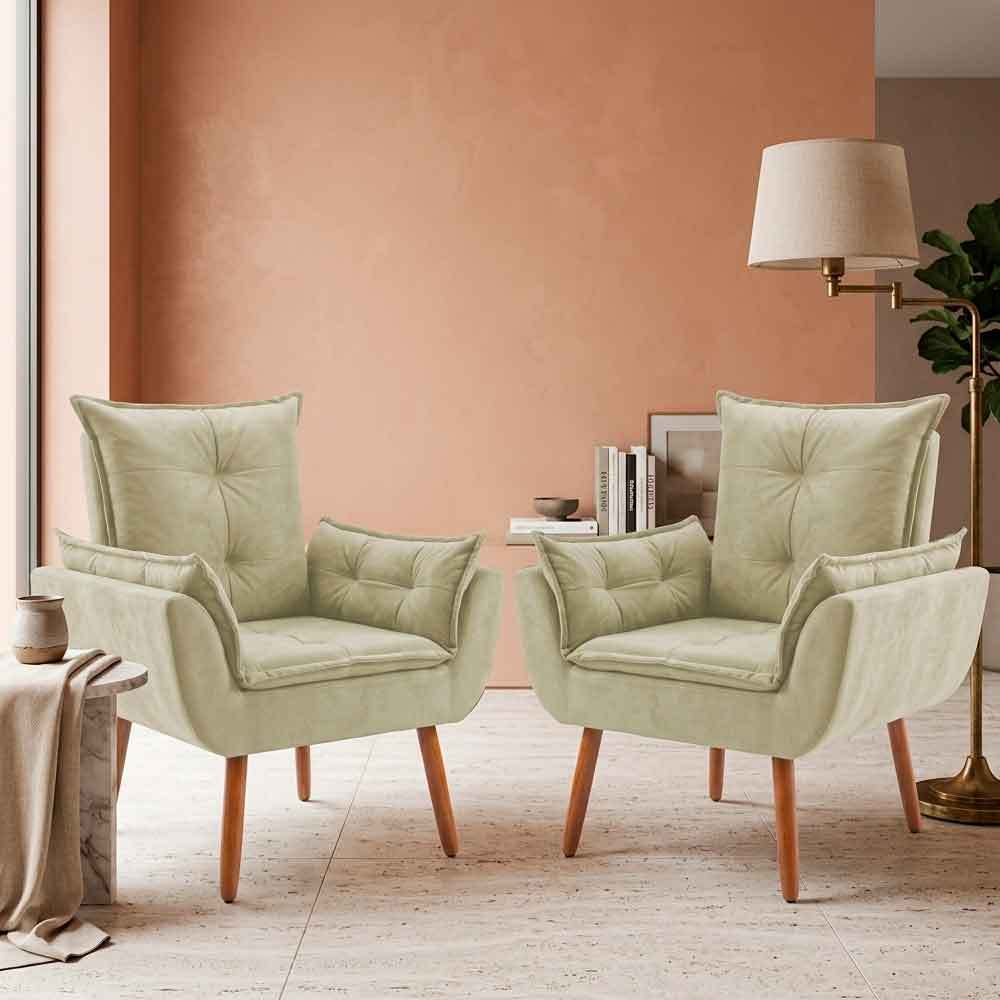 Kit 02 Poltronas Opallas, Suede Cores Pés Palito Castanho Poltrona Para Escritório Sala de Estar
