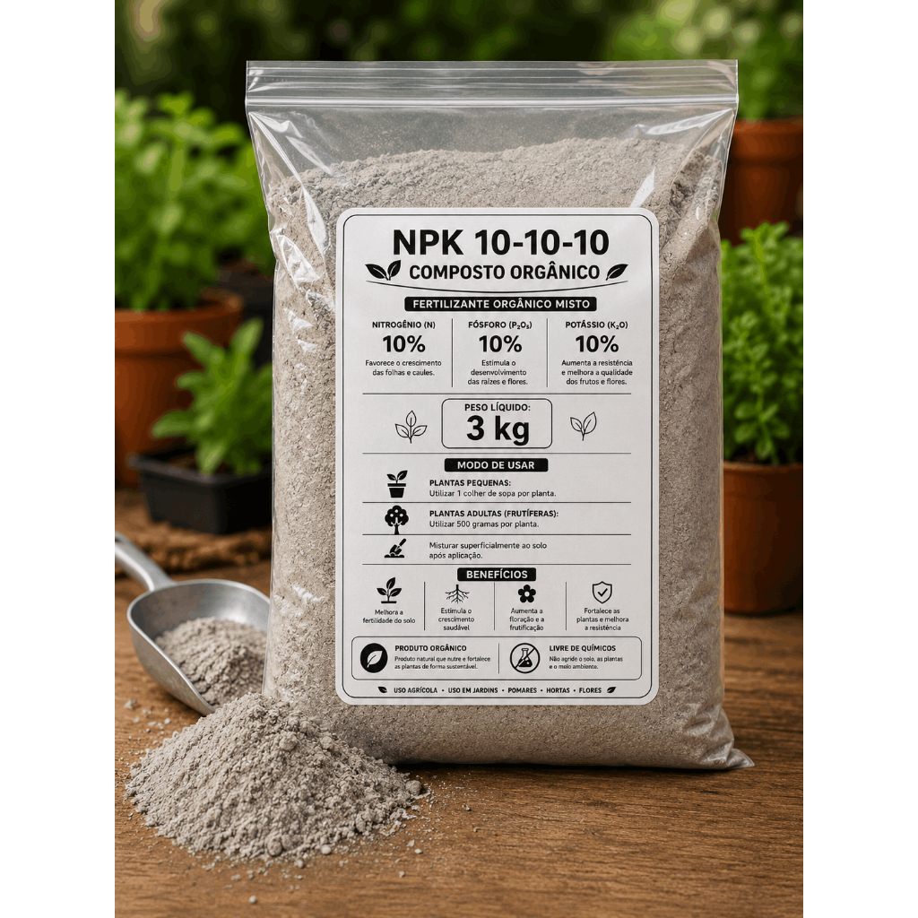 NPK 10-10-10 Composto Orgânico 1/3/6kg Adubo para Hortas Flores Frutíferas e Jardins