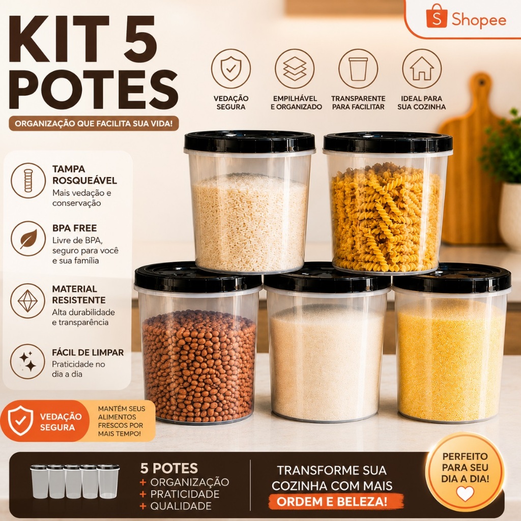 Kit 5 porta mantimentos transparente 2,2 litros reforçado tampa rosca hermética alimentos barato