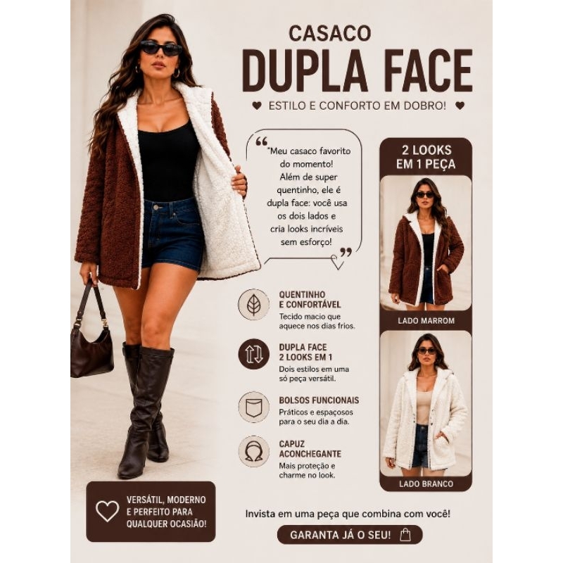 CASACO FEMININO REVERSÍVEL TEDDY DUPLA FACE  COM BOLSO E CAPUZ