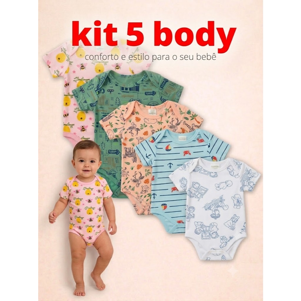 Kit 5 Body Bebê estampado Manga Curta  100% Algodão