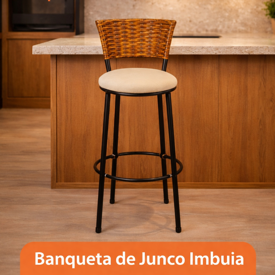 Banqueta Alta Estilo Industrial com Encosto Junco Imbuia – Aço Preto 70cm | Suporta 120kg