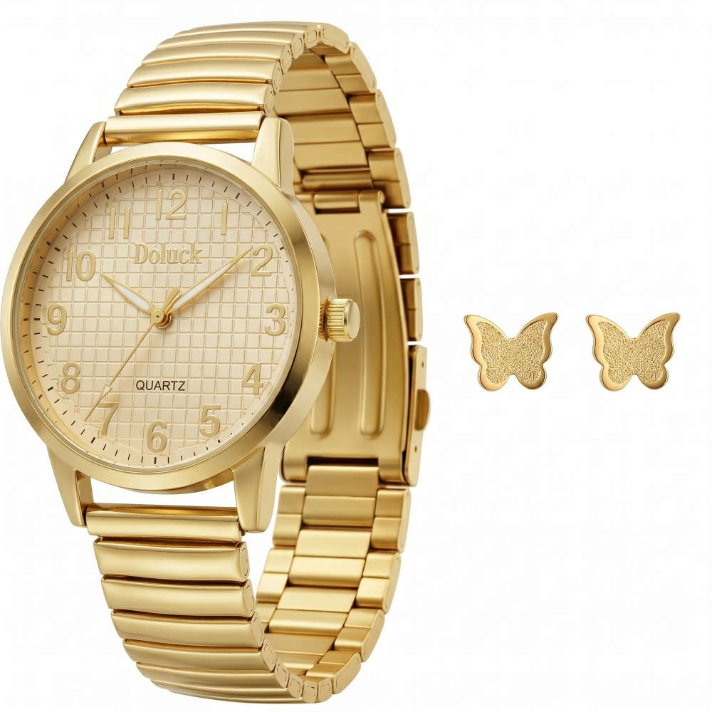 Doluck Relógio De Quartzo Dourado + Brincos | Pulseira de mola