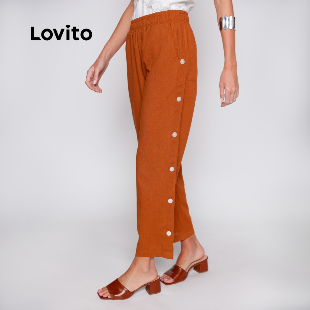 Lovito Calça Feminina Linho Casual com Botões e Elástico na Cintura BRPTB17151745