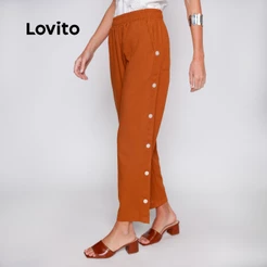 Lovito Calça Feminina Linho Casual com Botões e Elástico na Cintura BRPTB17151745