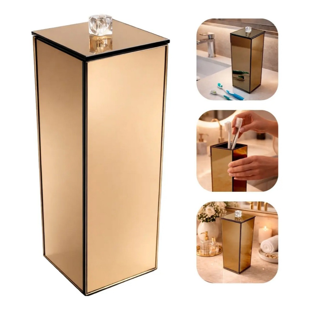 Porta Escovas C/ Tampa Vidro Bronze Luxo 20x7x7cm P/ Lavabo