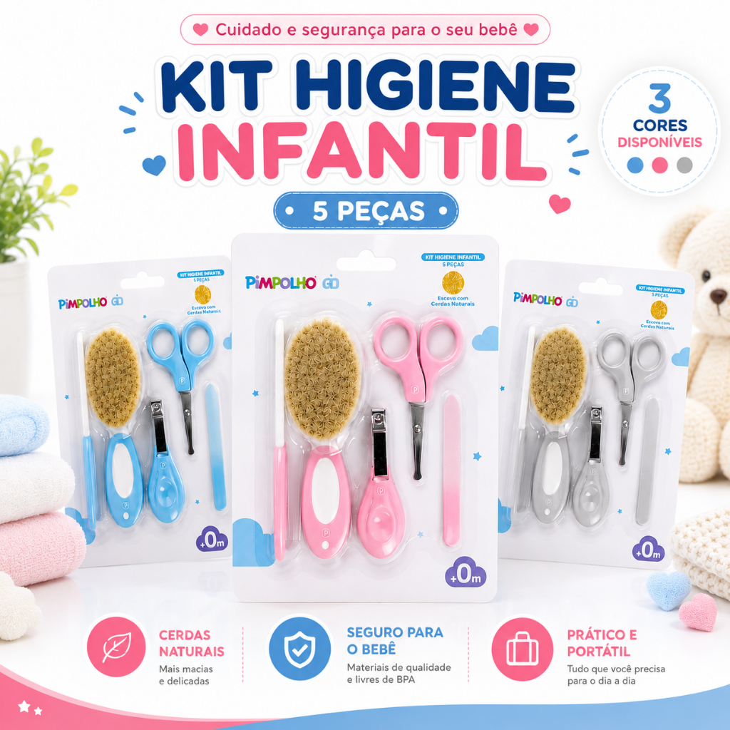Kit Higiene 5 Peças Bebê Pimpolho Cuidados Escova Cerdas Naturais Pente Cortador Tesoura Lixa Unha
