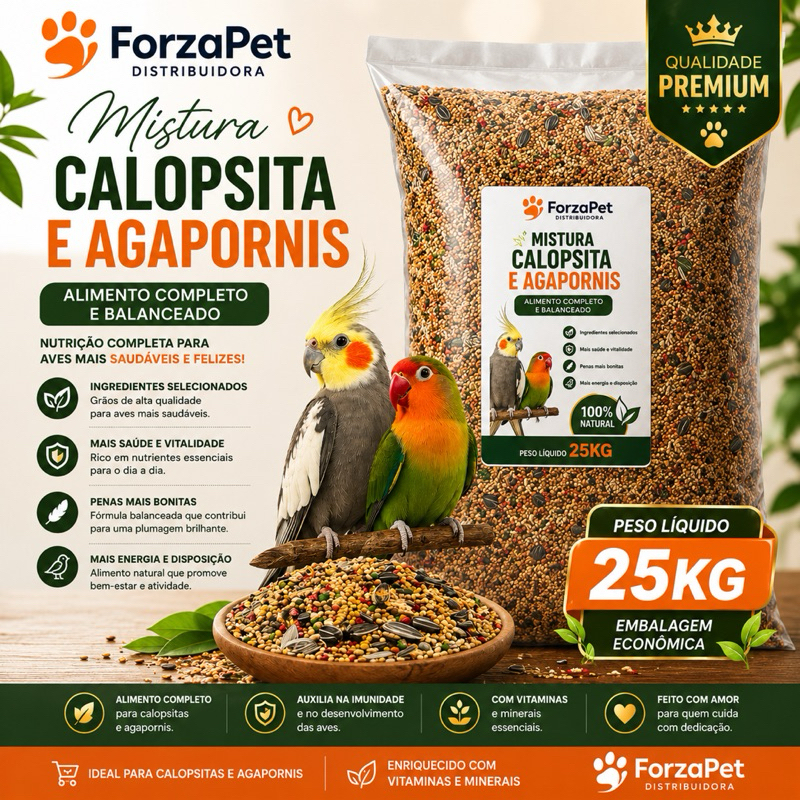 Mistura para Calopsita e Agapornis 25kg | Alimento Premium para Aves | Grãos Selecionados