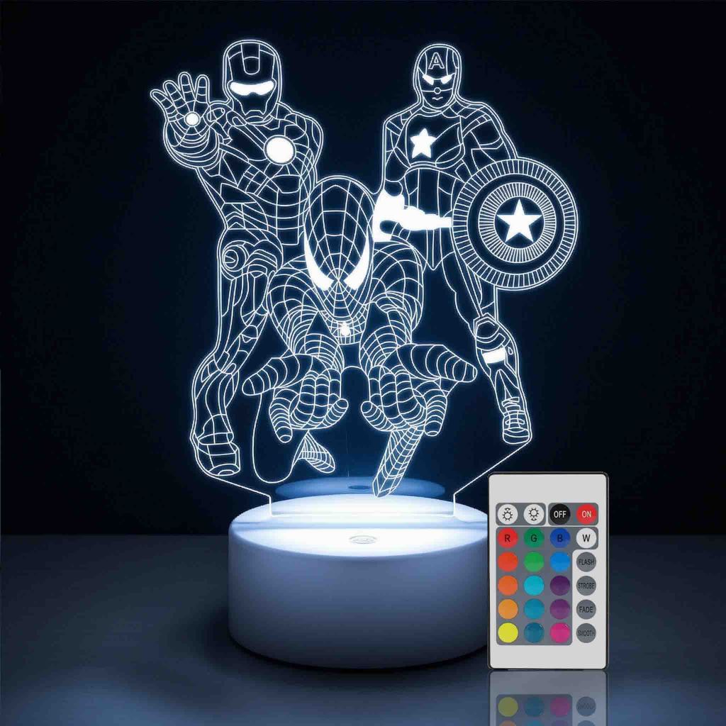 Luminária Led 3d Heróis Homem Aranha Capitão América Homem Ferro Abajur Presente Criativo Decoração