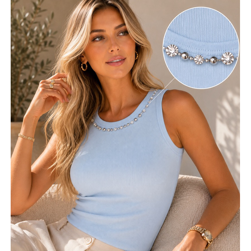 Blusa Regata Azul Com Pedraria Na Gola Básica Chique Luxo Elegante Premium Feminina Casual Sofisticada
