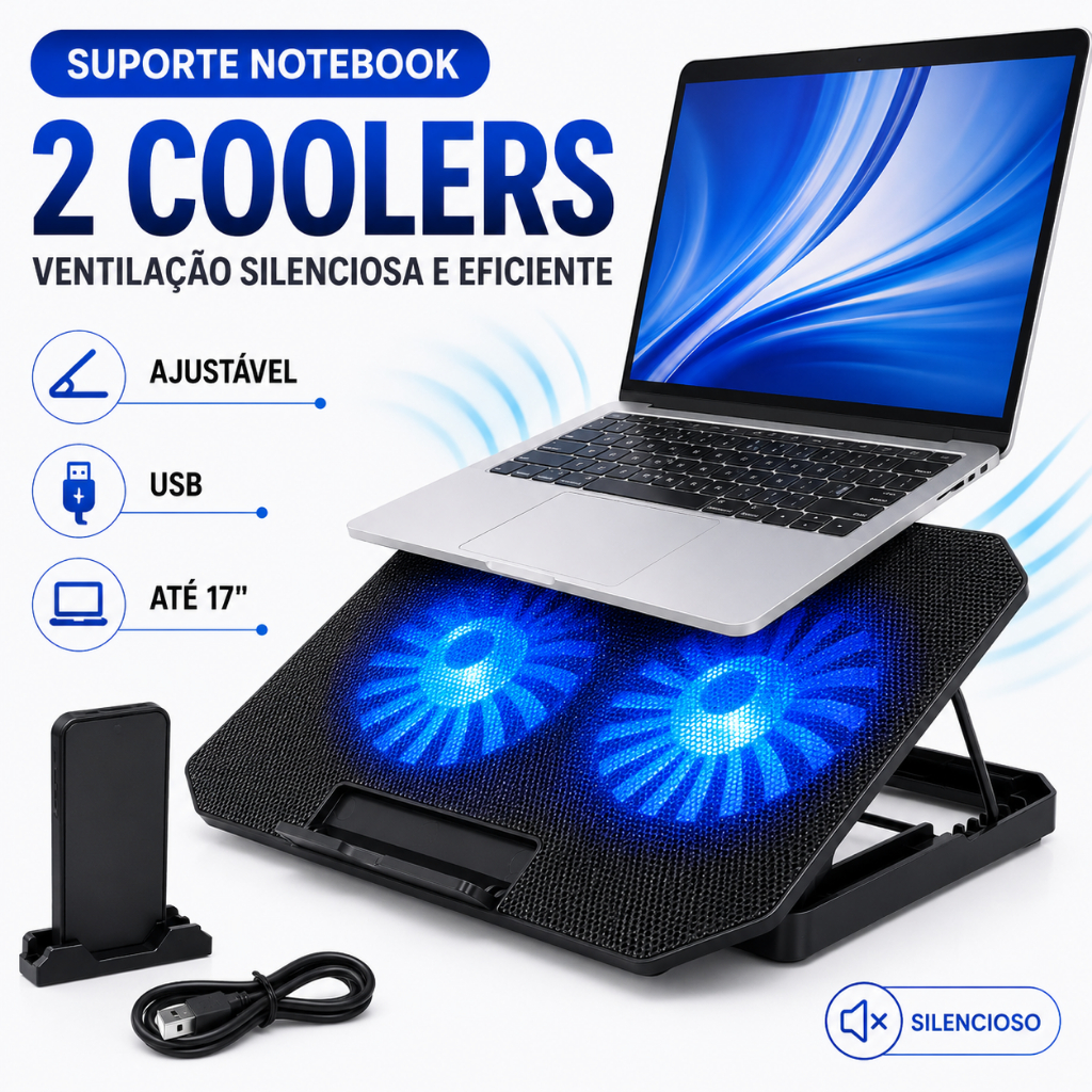 Base Refrigerada Notebook Cooler 2 Fans LED USB Ajustável Silenciosa Gamer Home Office com Suporte Celular
