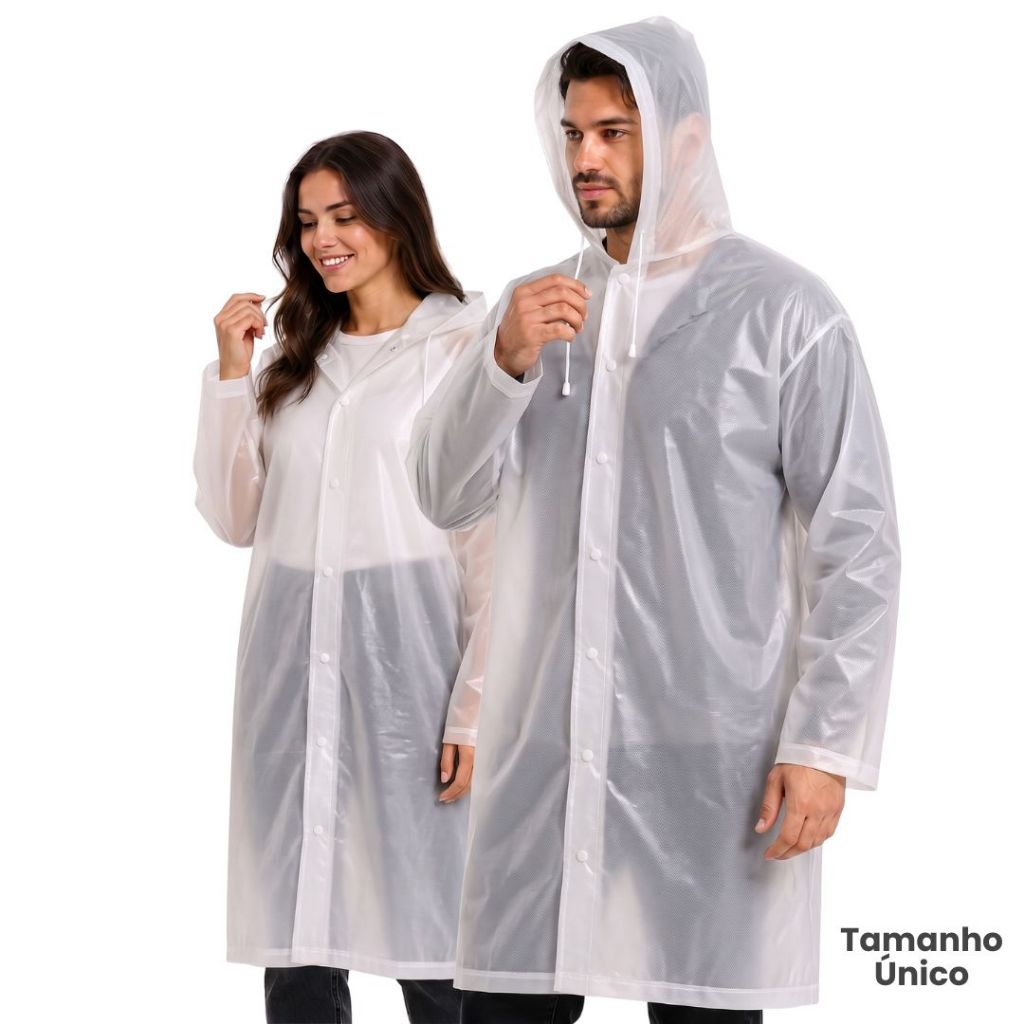 Capa de Chuva Transparente Unissex Adulto Impermeável Reutilizável Longa com Botões Capuz Ajustável