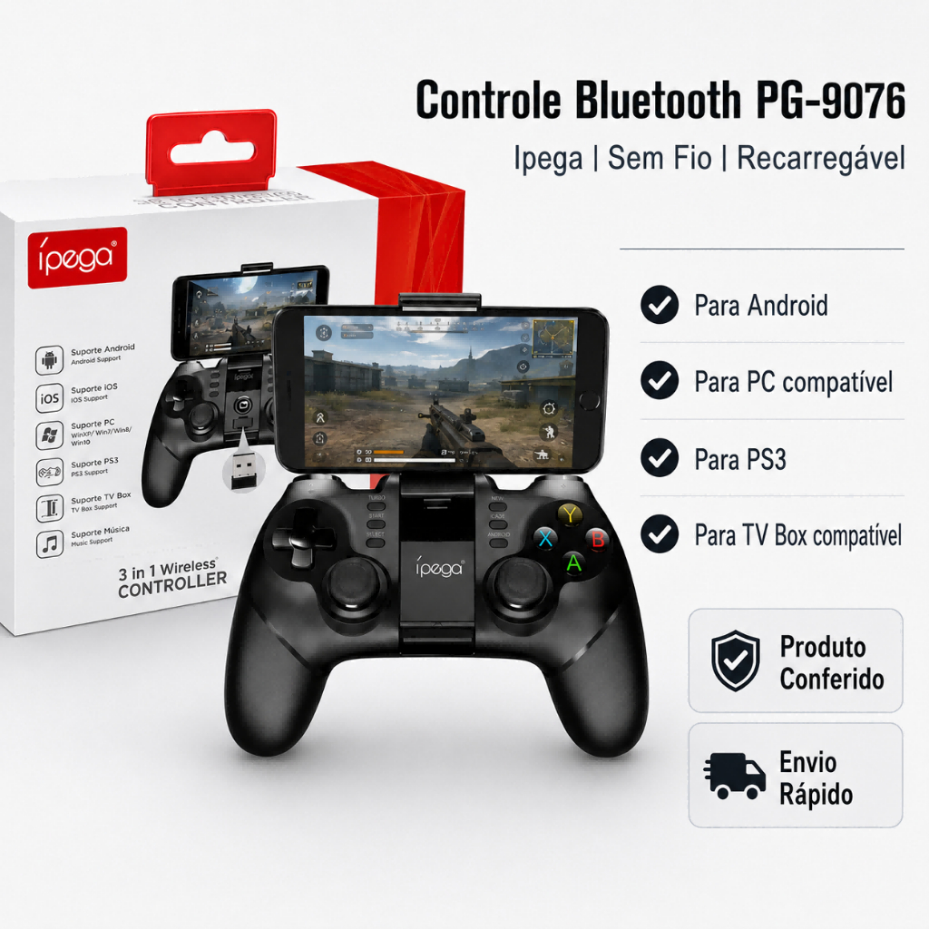 Controle Ipega PG-9076 3 Em 1 Bluetooth Gamepad Celular Android PC PS3 TV Box