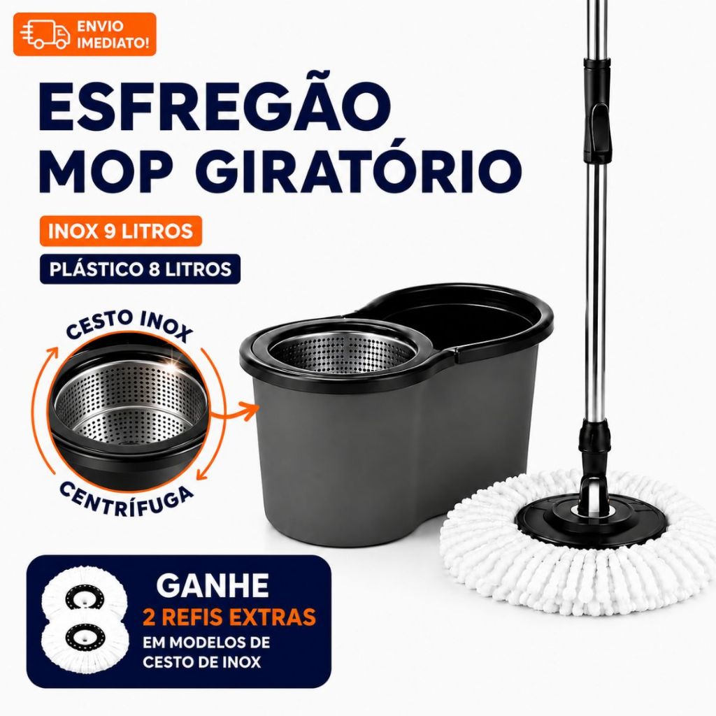 Mop Giratório 360° Esfregão Multiuso 9 litros Com Centrífuga Balde Alça Cabo Reforçado Microfibra Cesto Inox Ou Plástico