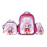 Conjunto 3 peças mochila infantil orelhas de coelho para meninas, mochila escolar ampla protetora de coluna