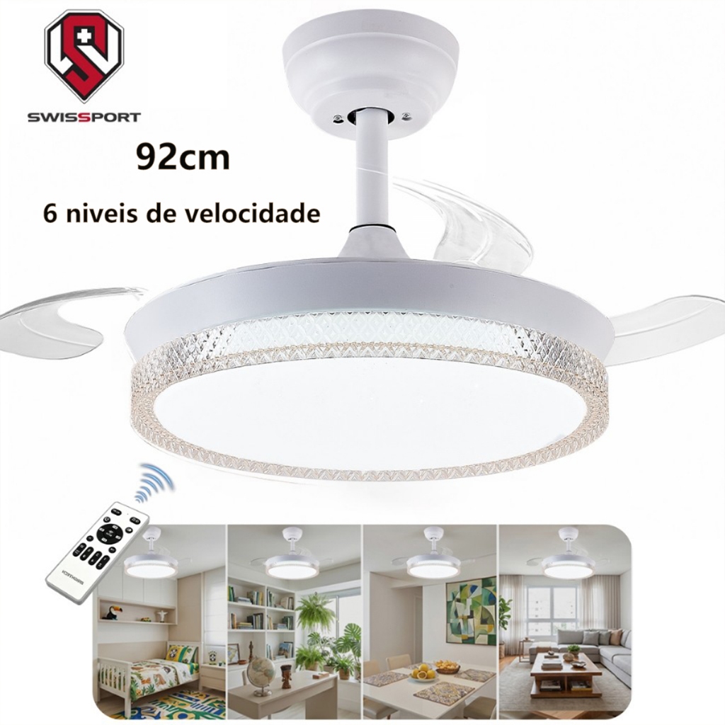 Swissport Ventilador de Teto Retrátil LED 92CM Inverter Controle Remoto 6 Velocidades 127V/220V