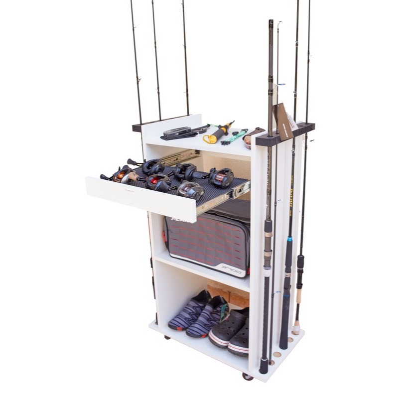 Armário Organizador de Pesca 100% MDF Porta 12 Varas Porta Carretilhas com Gaveta Telescópica Branco
