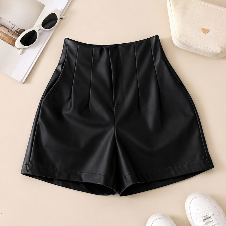 Short Juvenil Classico reto em Courinho Preto Cintura Alta Couro Fake para Meninas Adolescentes Tendência 2026