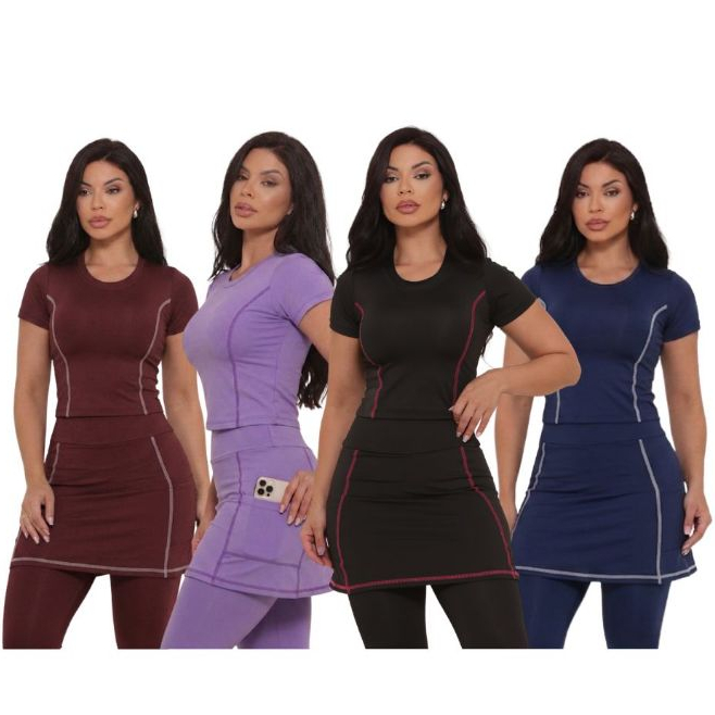 Conjunto Fitness Calça Saia Com Bolso E Blusinha Detalhado Moda Evangélica Esportiva Para Treino Academia Pilates