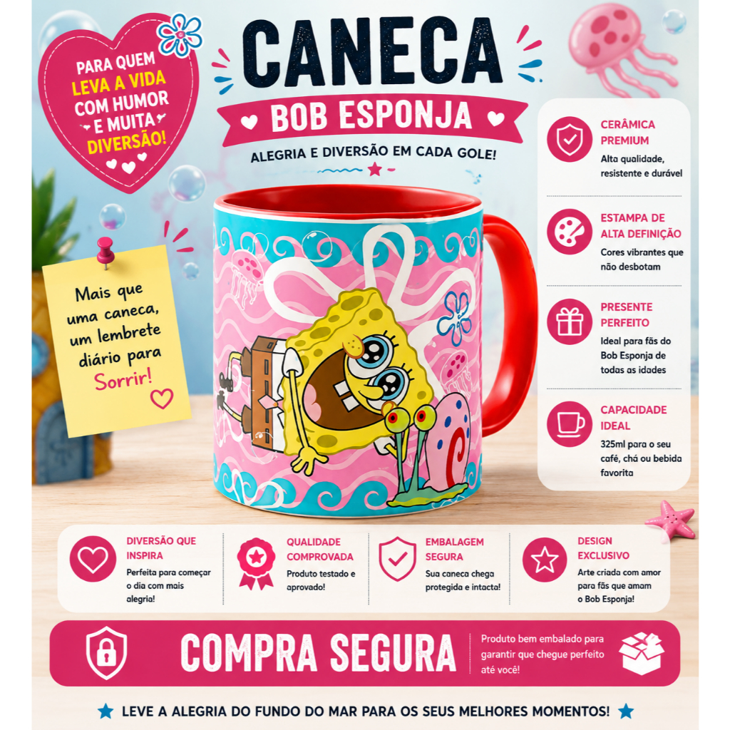 Caneca Bob Esponja Infantil Desenho Televisão Animado Presente Crianças Café Chá Porcelana 325ml